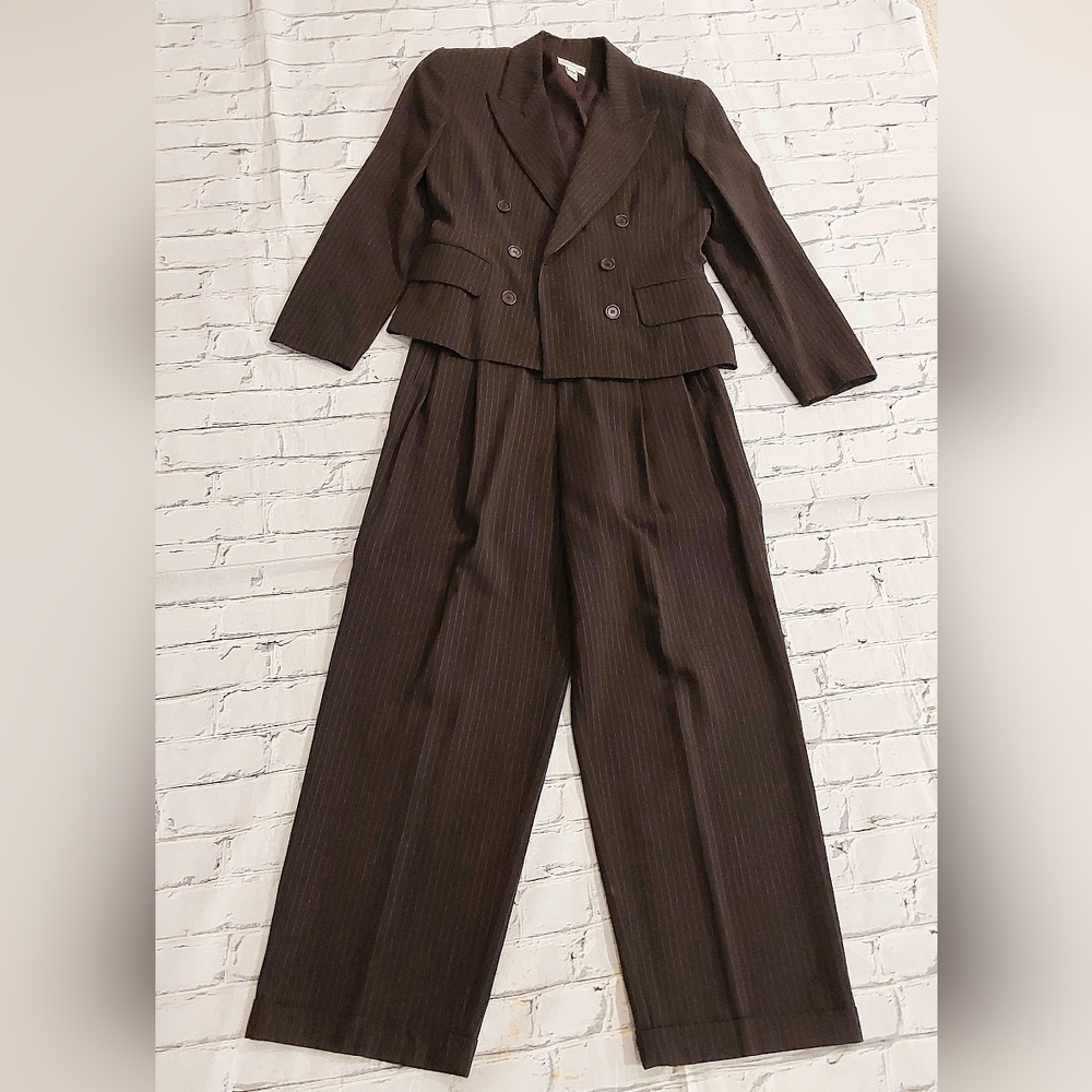 VINTAGE ANN TAYLOR BROWN PINSTRIPE PANT SUIT SZ 10
